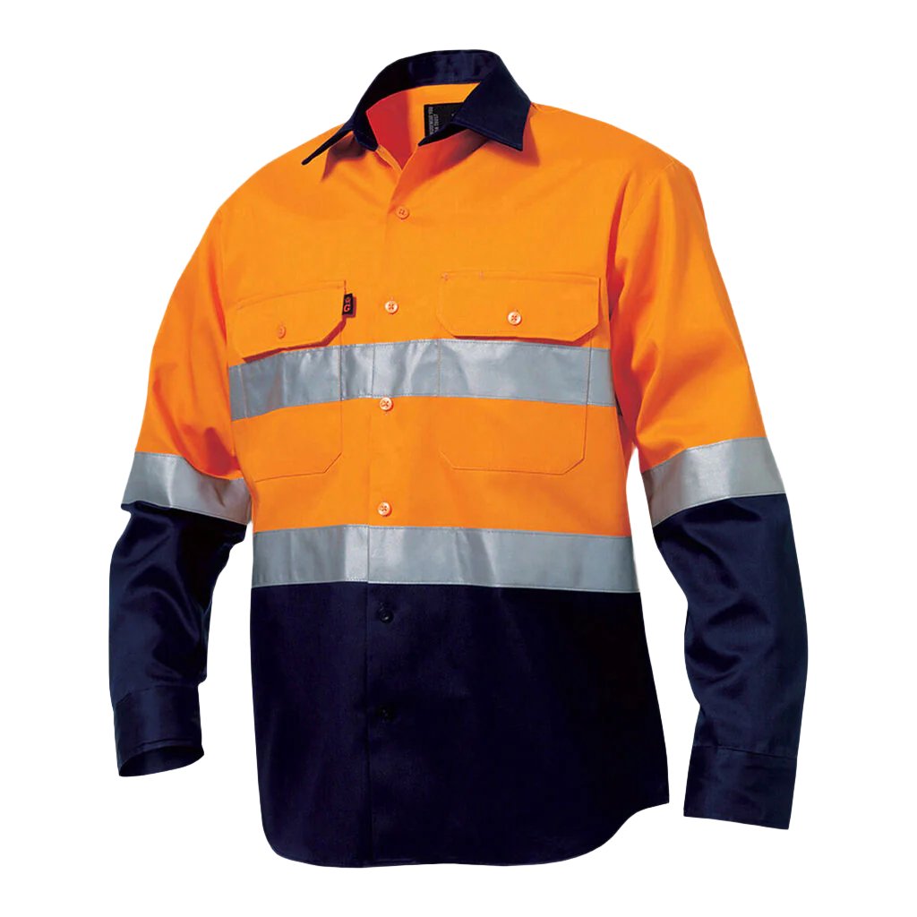 King Gee-King Gee L/s Hi-vis Open Front Spliced Reflect Shirt with Hi Vis Tape-Orange/Navy / S-Uniform Wholesalers - 1