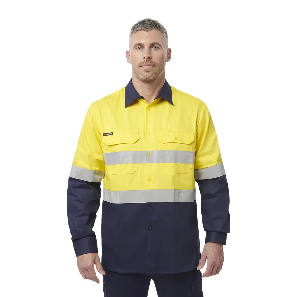 King Gee-King Gee L/s Hi-vis Open Front Spliced Reflect Shirt with Hi Vis Tape-Yellow/Green / S-Uniform Wholesalers - 2